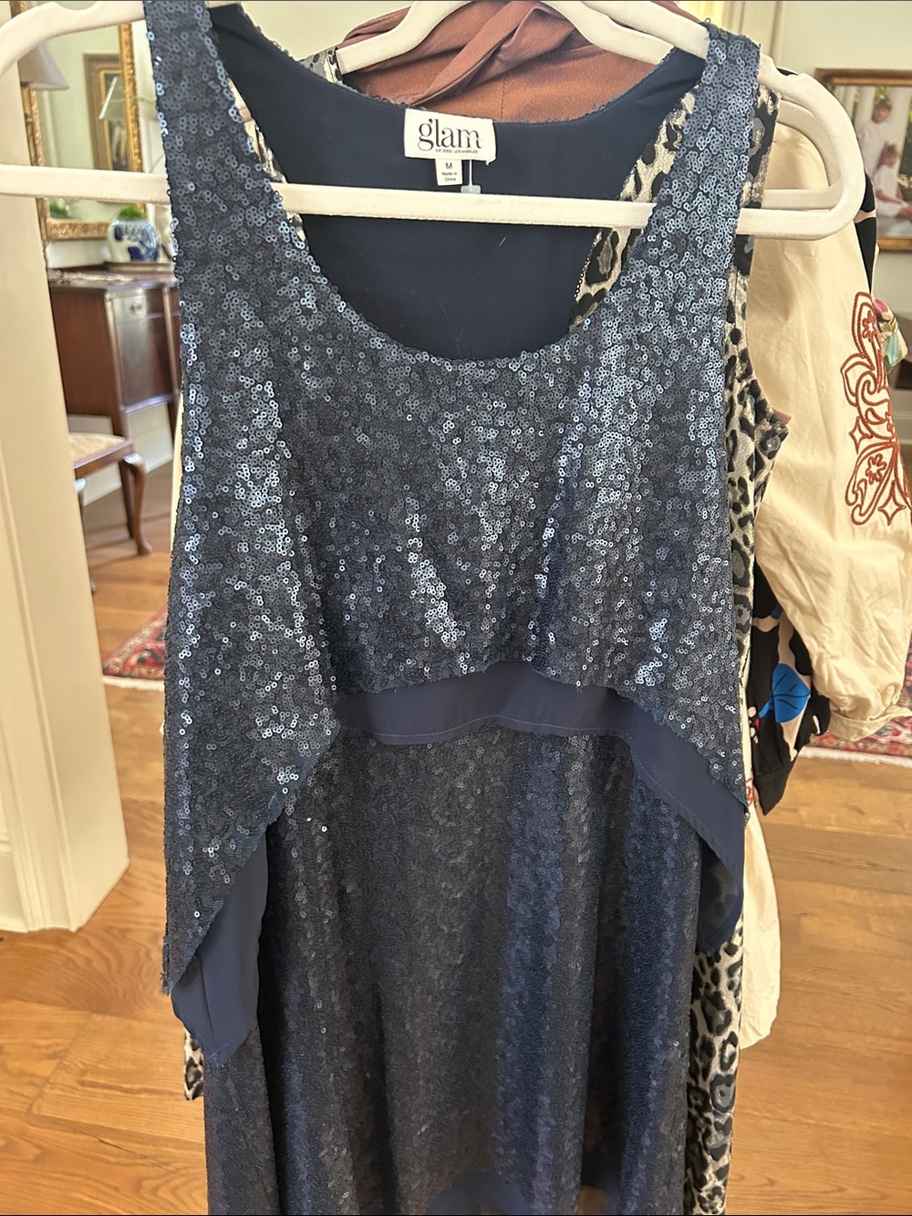 glam navy blue sequin high-low evening dress